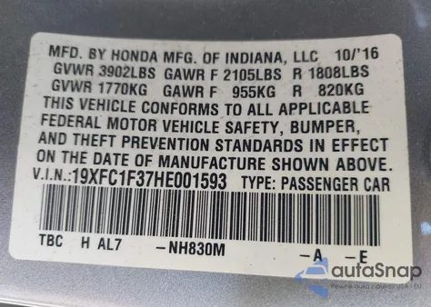 2017 Honda Civic Ex-T from USA, damaged, VIN 19XFC1F37HE001593
